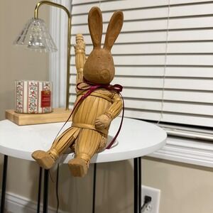 Vintage 90's Easter Bunny Figurine Straw Rabbit Spring Decor Rustic Farmhouse
